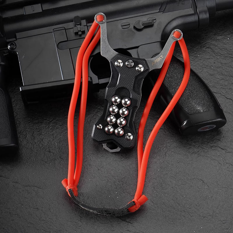 High-performance TitanShot-X24 precision slingshot with dual band compatibility for hunting, camping, and target shooting.