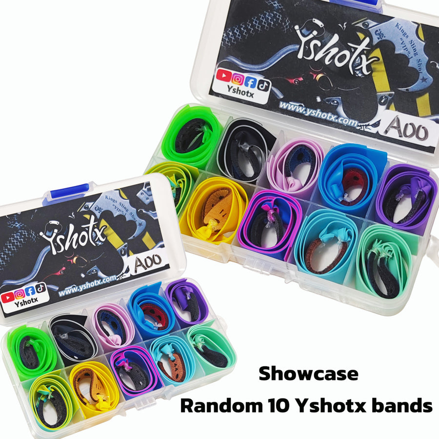 Band Experience Pack A00 with 10 unique slingshot bands designed for beginners and pros, offering different draw weights, speeds, and precision shooting performance