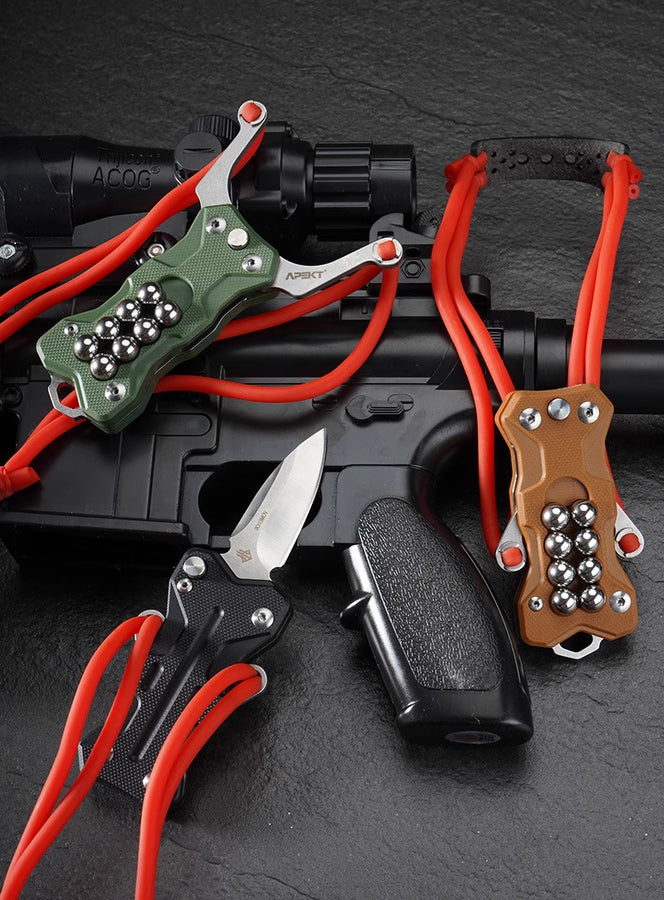 Outdoor survival TitanShot-X24 stainless steel slingshot with comfortable grip and compact size for portability and reliability.