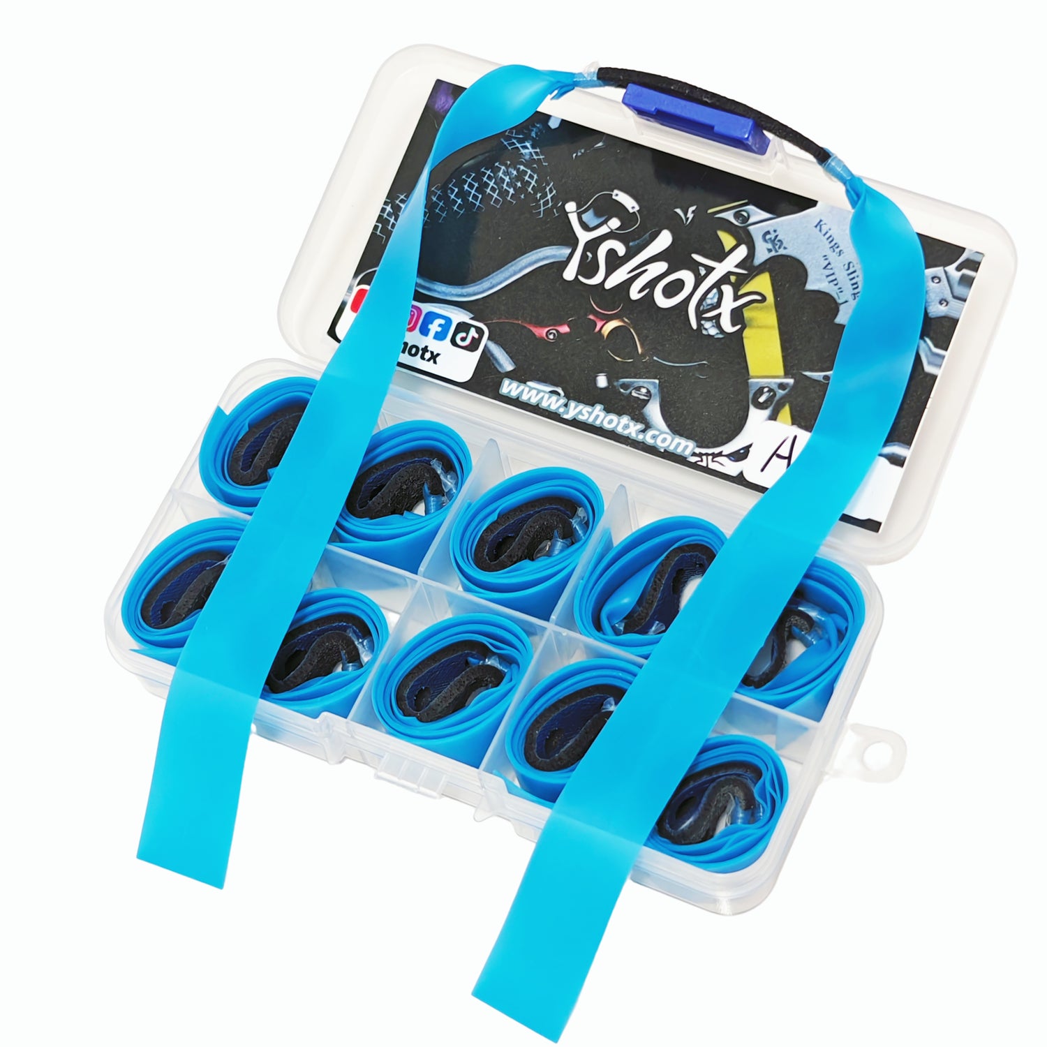 High-performance BlueForce-A03 flat band for slingshots, made from premium natural latex for maximum speed, control, and accuracy.