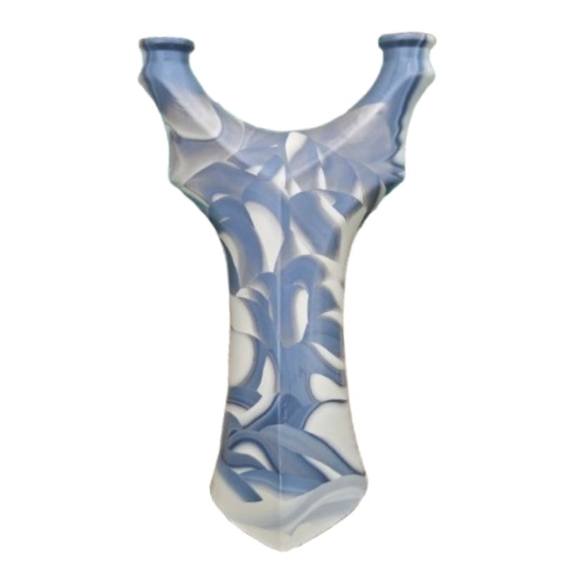 Chubby Marshal slingshot with blue and white camouflage resin body, offering durability and a comfortable grip for jungle adventures.