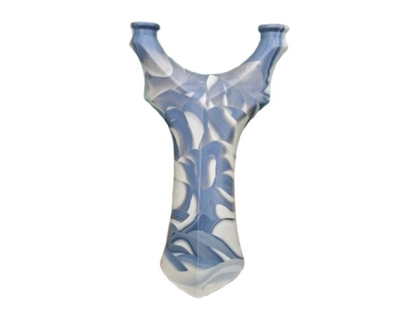 Chubby Marshal slingshot with blue and white camouflage resin body, offering durability and a comfortable grip for jungle adventures.