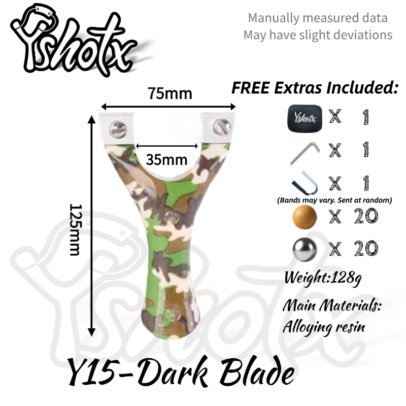 Compact Dark Blade Y15 slingshot with comfortable ergonomic grip.