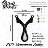 Durable Venomous Spike 7075-T651 alloy slingshot built for skilled shooting enthusiasts.