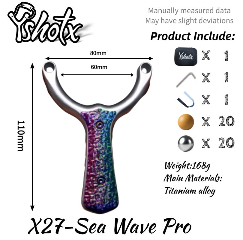 Professional Sea Wave-X27 titanium alloy slingshot, ergonomically designed with anti-slip G10 handle for outdoor hunting and sport shooting.