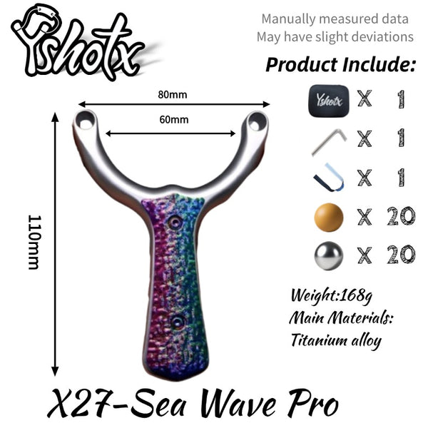 Professional Sea Wave-X27 titanium alloy slingshot, ergonomically designed with anti-slip G10 handle for outdoor hunting and sport shooting.