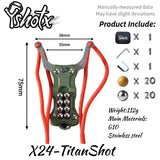 Compact yet powerful TitanShot-X24 slingshot featuring stainless steel frame and G10 handle for stability during precision shooting.