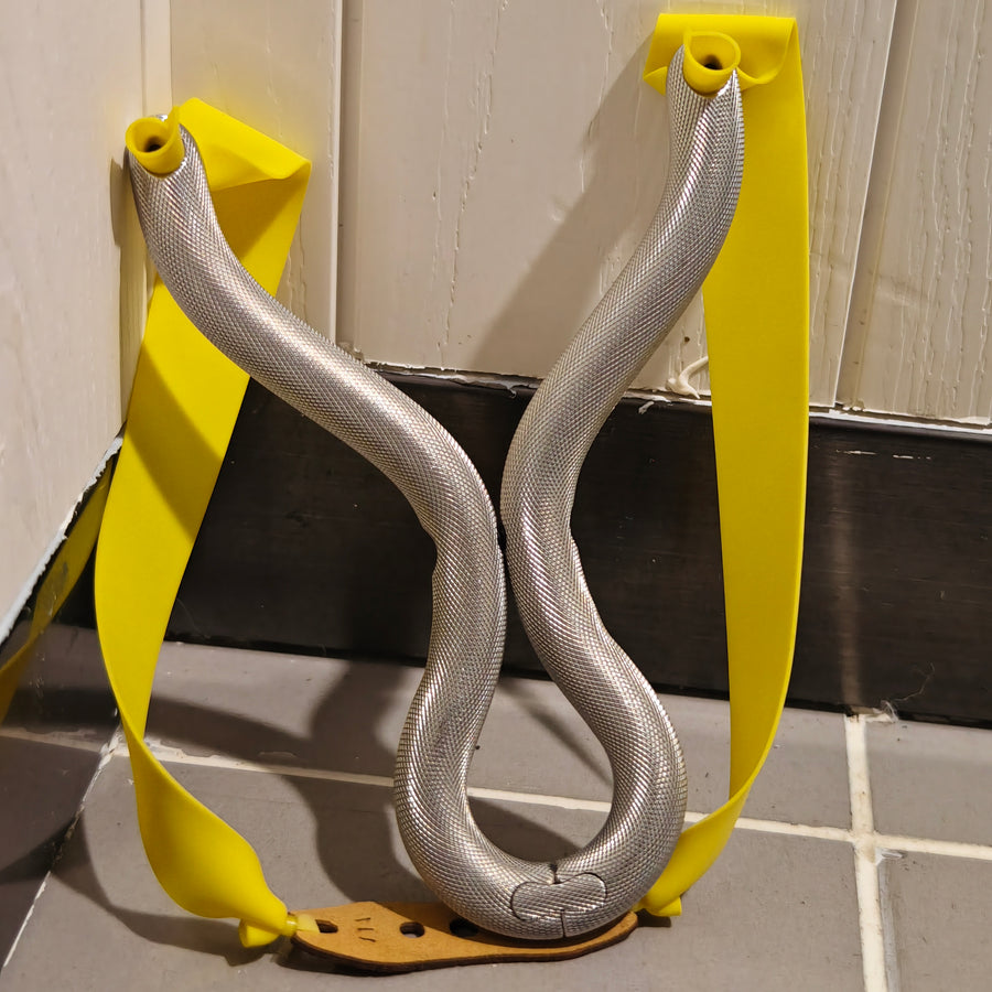 High-grade stainless steel travel-friendly slingshot with polished finish.