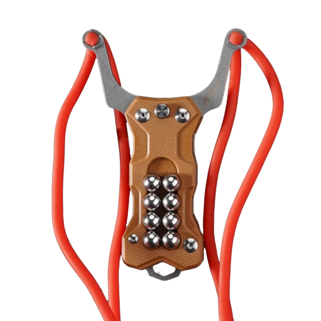 All-in-one TitanShot-X24 outdoor survival slingshot with dual band compatibility, folding knife, and emergency glass-breaking tip.