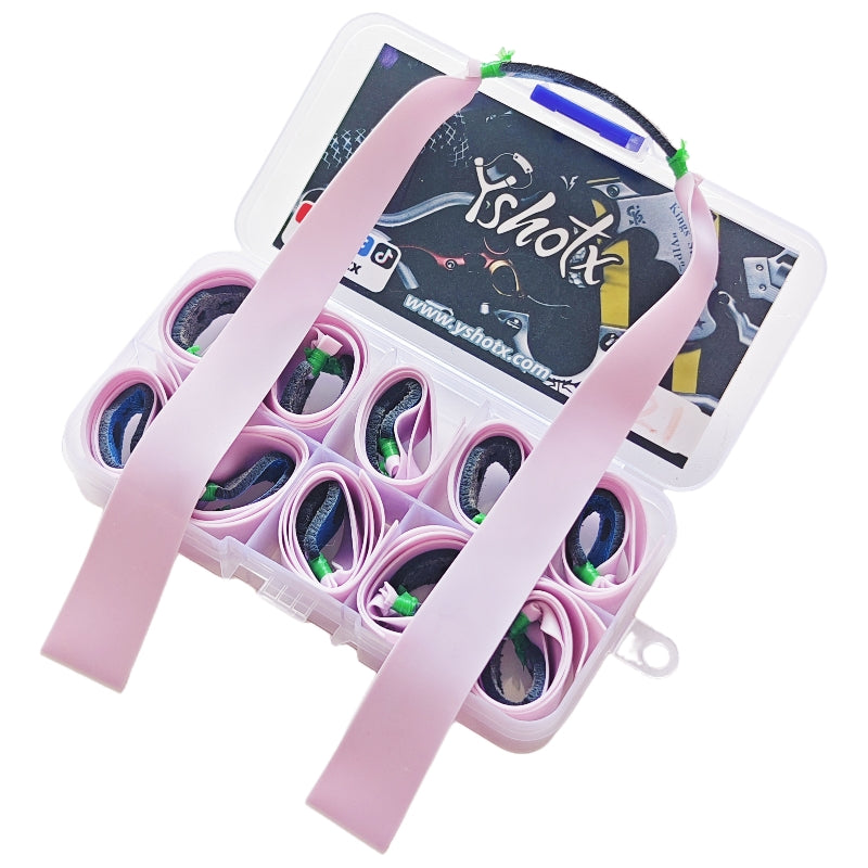 Lavender Bolt A21 pink slingshot bands made from high-resilience latex for 250+ consistent shots.