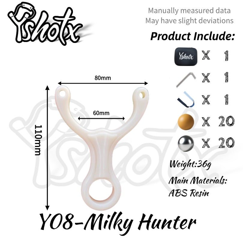 High-precision Milky Hunter Y08 slingshot featuring clear bow mouth design.