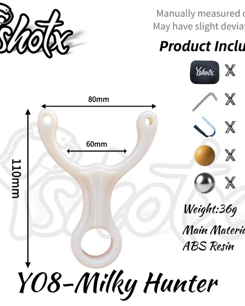 High-precision Milky Hunter Y08 slingshot featuring clear bow mouth design.