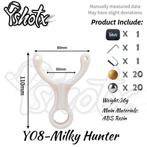 High-precision Milky Hunter Y08 slingshot featuring clear bow mouth design.