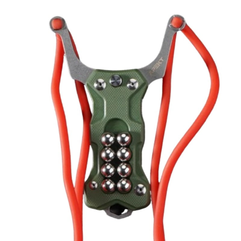 TitanShot-X24 multi-tool tactical slingshot with integrated folding knife and glass breaker, perfect for survival and outdoor emergencies.