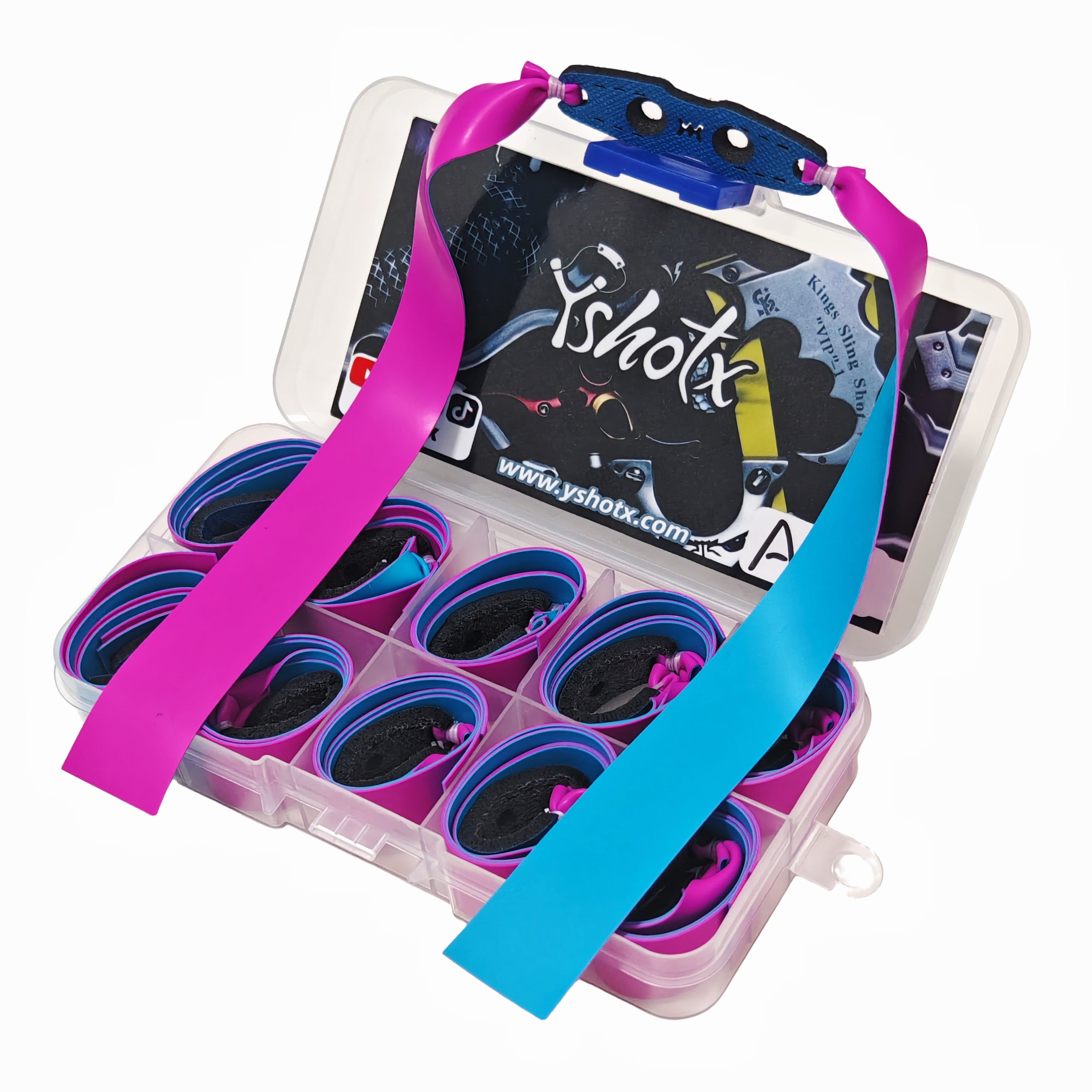 Neon Pulse A27 dual-color slingshot bands with bright blue and pink design for easy handling and smooth aiming.