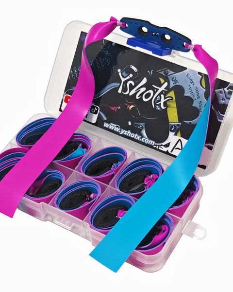 Neon Pulse A27 dual-color slingshot bands with bright blue and pink design for easy handling and smooth aiming.