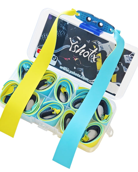 Scorpion Pulse A22 dual-color slingshot band with bold blue and yellow design, offering high elasticity, durable rebound, and precise aiming performance for advanced shooters.
