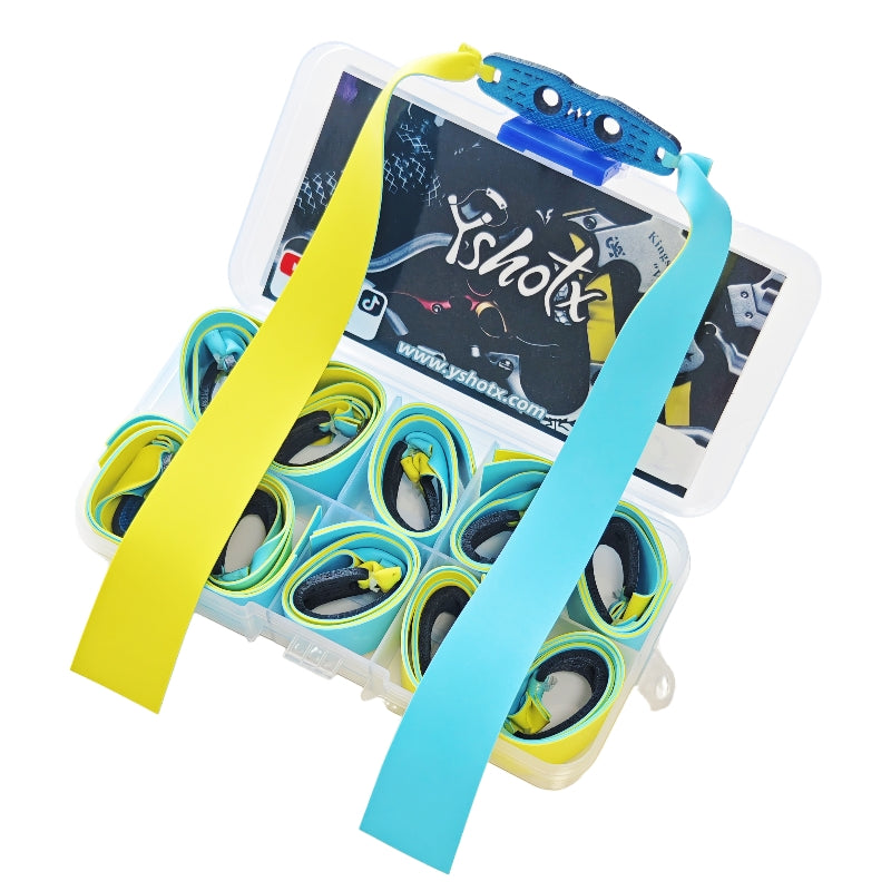 Scorpion Pulse A22 dual-color slingshot band with bold blue and yellow design, offering high elasticity, durable rebound, and precise aiming performance for advanced shooters.