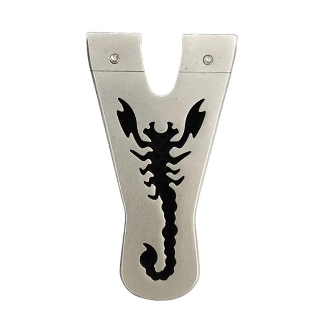 Shadow Scorpion stainless steel flat-block slingshot with bold scorpion pattern for advanced shooters.