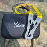 Shadow Scorpion X14 stainless steel slingshot with CNC flat-block design and engraved scorpion pattern, built for expert shooters seeking precision and power.