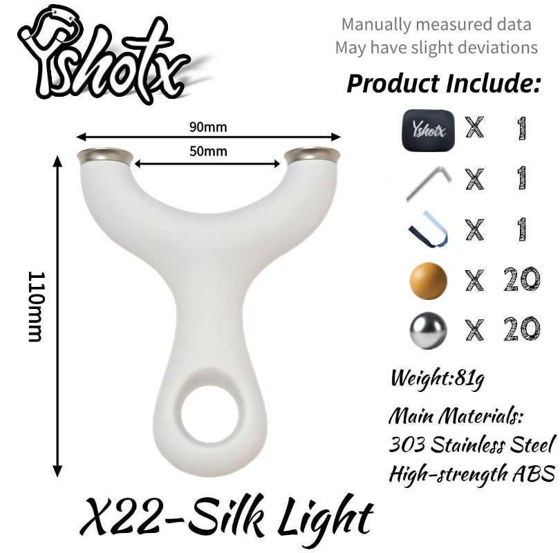 Lightweight ABS handle Silk Light X22 slingshot with aerospace-grade 303 stainless steel fork.