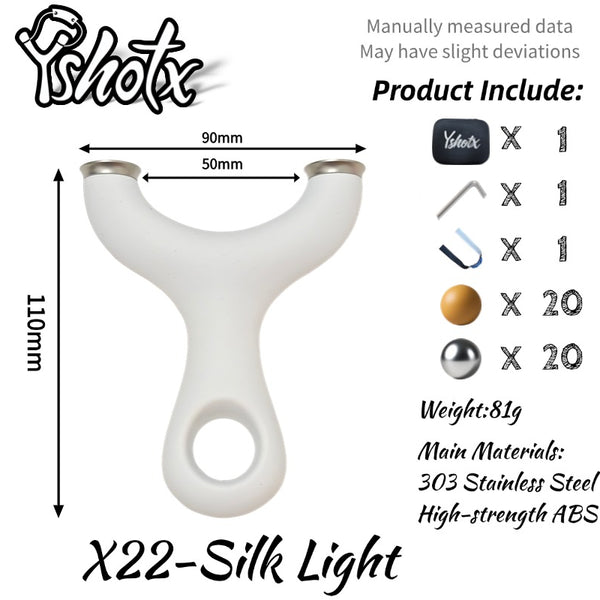 Lightweight ABS handle Silk Light X22 slingshot with aerospace-grade 303 stainless steel fork.