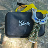 Sneaky IMP X05 stainless steel slingshot with ergonomic recurve design, jungle-style anti-slip hand rope, and CNC precision finish for stable and accurate outdoor shooting.