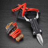 Professional-grade TitanShot-X24 multi-purpose slingshot combining shooting power, cutting tool, and emergency glass breaker in one.