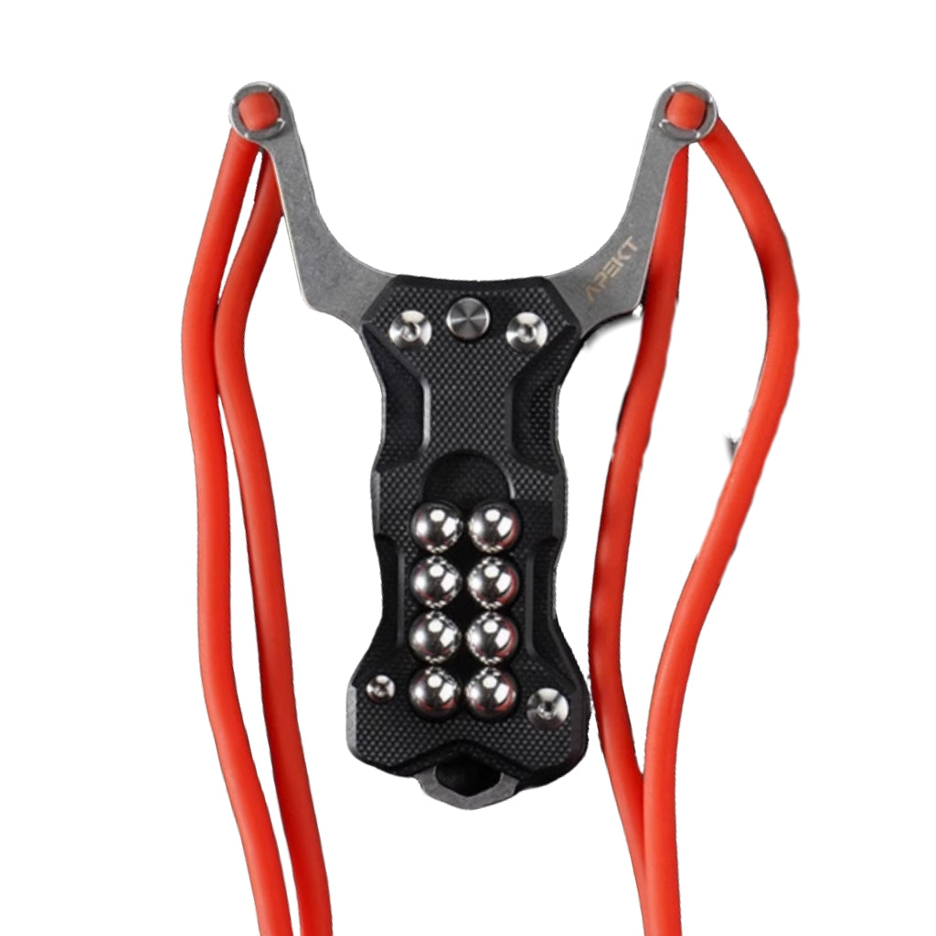 Durable TitanShot-X24 tactical slingshot designed for hunters and adventurers, with quick-change bead-stuck band replacement system.