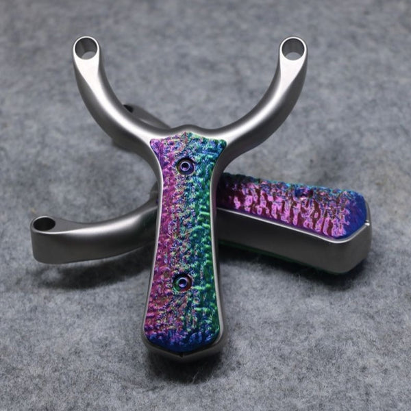 Premium Sea Wave-X27 titanium slingshot with 80mm fork width and 60mm inner gate for enhanced accuracy and clear sight lines.
