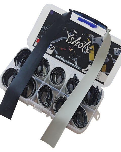 Yin & Yang A25 slingshot bands in black and white design, symbolizing Tai Chi balance while delivering stable, high-speed shots for precision shooting.