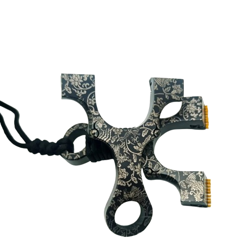 Artistic Z09-Shadow Samurai slingshot with hand-polished finish and ergonomic grip.