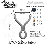 artistic slingshot for target practice
Elegant Silver Viper slingshot with snake-scale design, blending artistic detail and high-performance shooting accuracy.