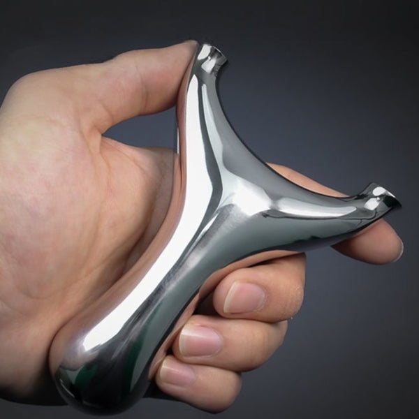 Polished stainless steel slingshot designed for maximum shooting power and stability, ideal for hunting and precision sports.
