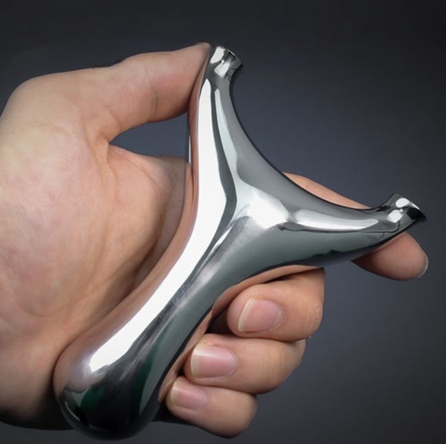 Polished stainless steel slingshot designed for maximum shooting power and stability, ideal for hunting and precision sports.