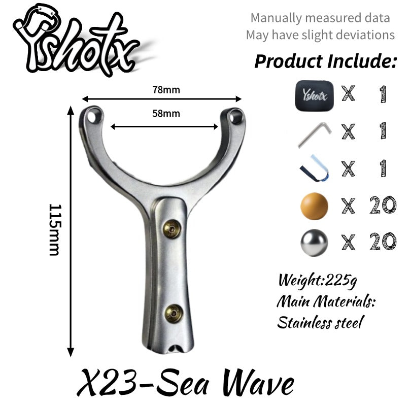 Close-up of Sea wave-X23 slingshot’s 11mm thick stainless steel frame, offering enhanced strength without unnecessary weight.