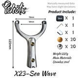 Close-up of Sea wave-X23 slingshot’s 11mm thick stainless steel frame, offering enhanced strength without unnecessary weight.