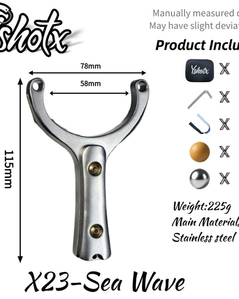 Close-up of Sea wave-X23 slingshot’s 11mm thick stainless steel frame, offering enhanced strength without unnecessary weight.