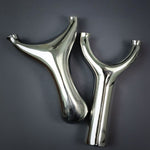 Slingshot with oversized sight window and wide fork gap for clear aiming path and expert-level shooting accuracy.